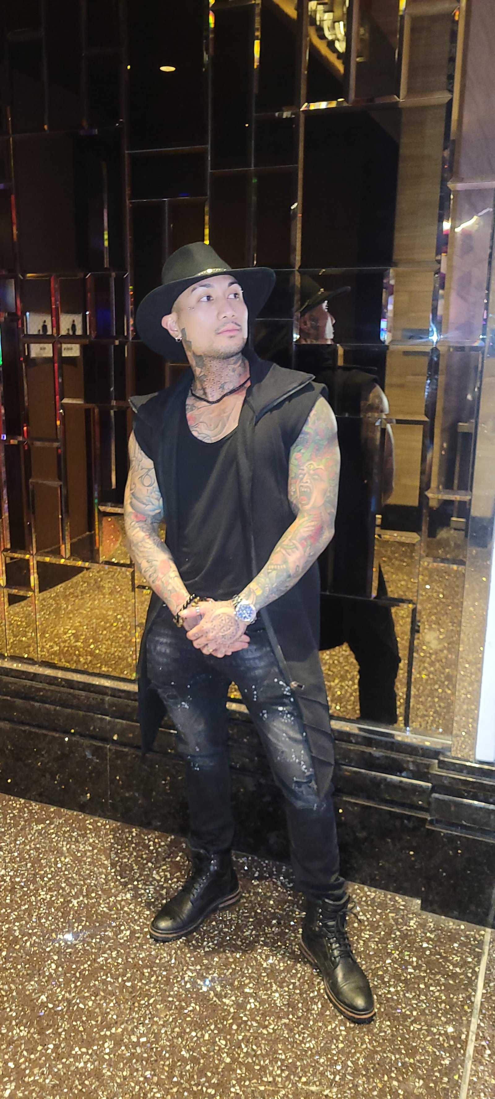 Eros styled in black outside a Las Vegas venue