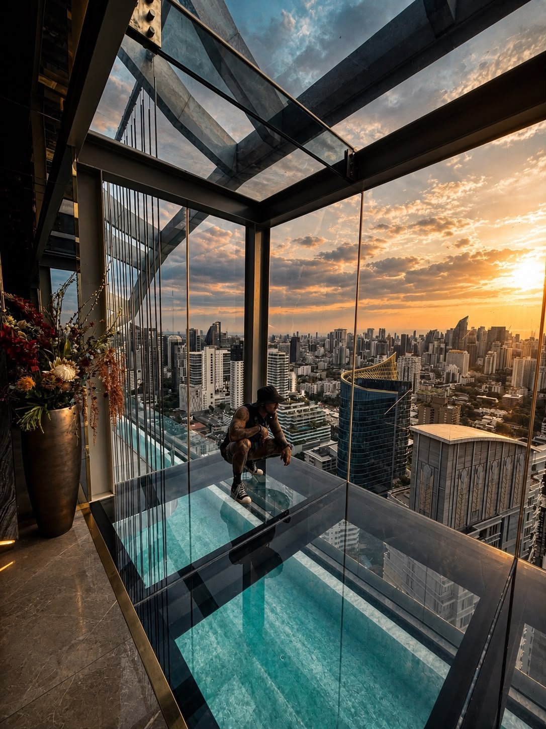 Eros crouched on a glass-floor sky deck above the city at sunset