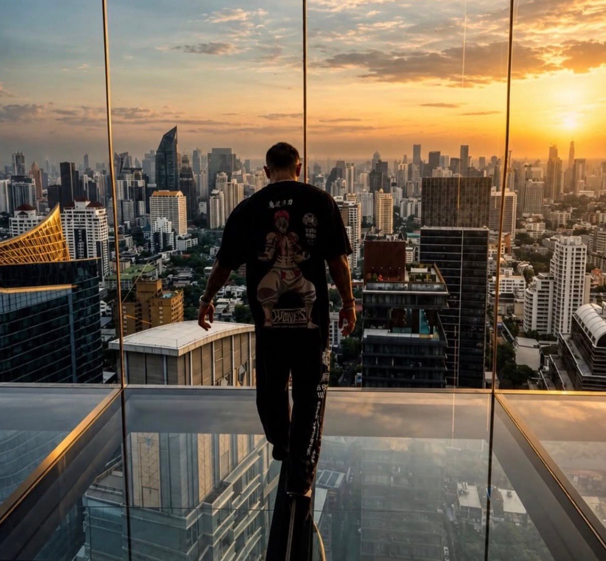 Eros standing on a glass-floor sky deck above a city skyline at sunset
